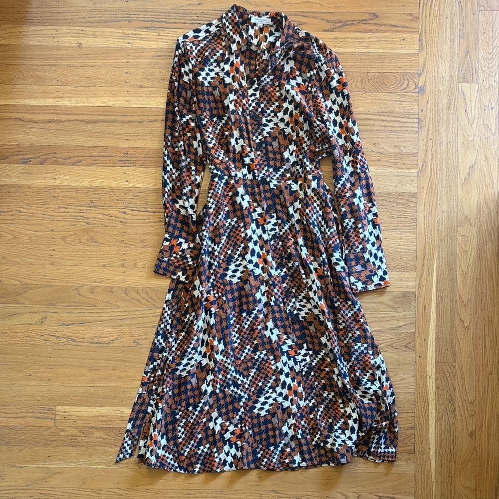 Equipment Silk Long Sleeve Midi Dress in Rust, Black & Cream